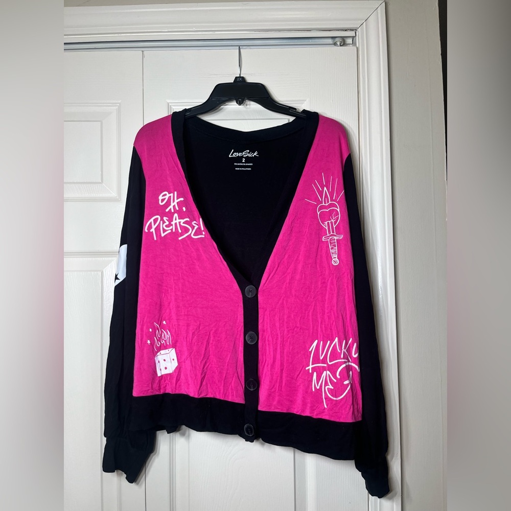 Torrid Love Sick Long Sleeve Pink Black Graffiti OH‎ PLS Button Front Cardigan